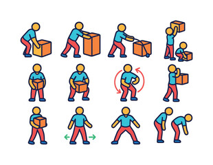 Fototapeta premium Isometric Body Mechanics Icons. Body mechanics. Colorful isometric vector icons set of body mechanics: neutral lifting posture, push technique icon, pull