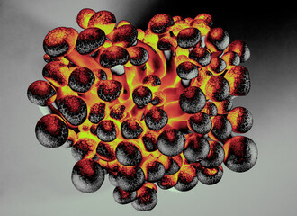 Top-down view of dense shimeji mushrooms with glowing red-orange cores and textured black caps on solid black background, dramatic fiery digital edit perfect for aesthetic wallpapers and posters.