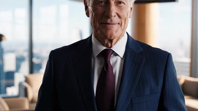 Senior businessman holding a portfolio in a modern office. Confident executive smiling at the camera with a document folder. Corporate leadership concept