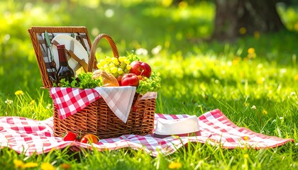 A Wicker Picnic Basket Filled with Food and Drinks on a Red and White Checked Blanket in a Sunny Park.