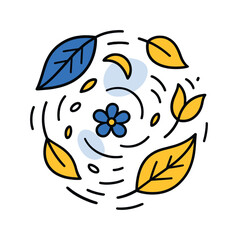Naklejka premium Airborne Natural Dance. Airborne Harmony. Leaves, petals, and tiny seeds drift gently in coordinated arcs, forming a soft circular composition. Curved breeze