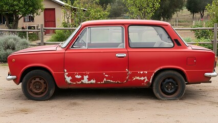 Red vintage car with peeling paint and flat tire parked on dirt road near rustic building red car old car