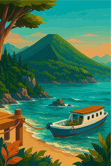 Mountain Lake Boat Illustration Scenic Nature Travel Artwork