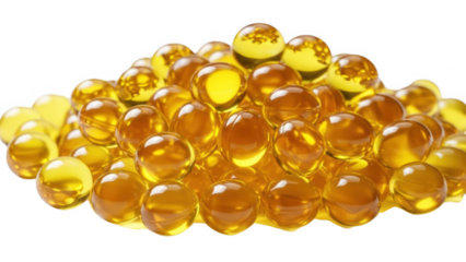 Pile of translucent golden yellow gel capsules on a png isolated transparent background black background