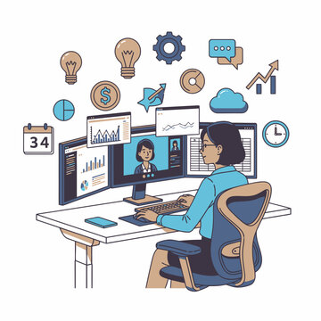 Flat 2D illustration Focused female professional efficiently manages multiple tasks at a high tech, ergonomic desk with three monitors, symbolizing excellent remote productivity