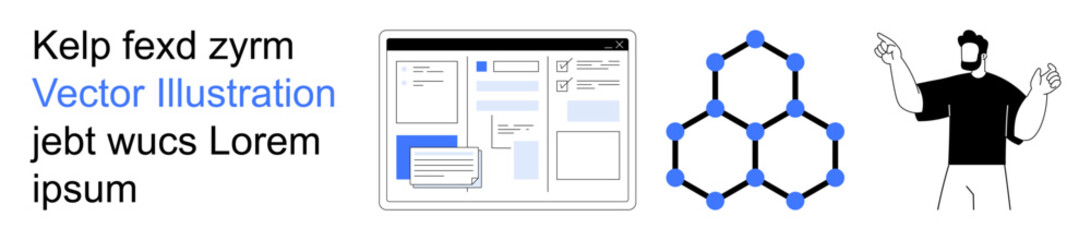 Business design, technology innovation, communication tools, UI development, educational resources, teamwork concepts. Text elements, a web layout, hexagonal structure and a gesturing person © robu_s