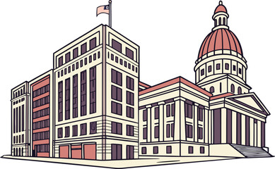 American Buildings And Architecture. Classic American Architecture Design. Modern American Buildings Illustration. United States Architecture Landmarks. American City Architecture Scene