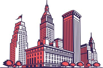 American Buildings And Architecture. Classic American Architecture Design. Modern American Buildings Illustration. United States Architecture Landmarks. American City Architecture Scene