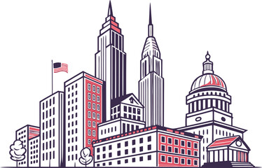 American Buildings And Architecture. Classic American Architecture Design. Modern American Buildings Illustration. United States Architecture Landmarks. American City Architecture Scene