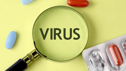 The appearance of an inscription, the words VIRUS on a yellow background next to the pills. Medical concept