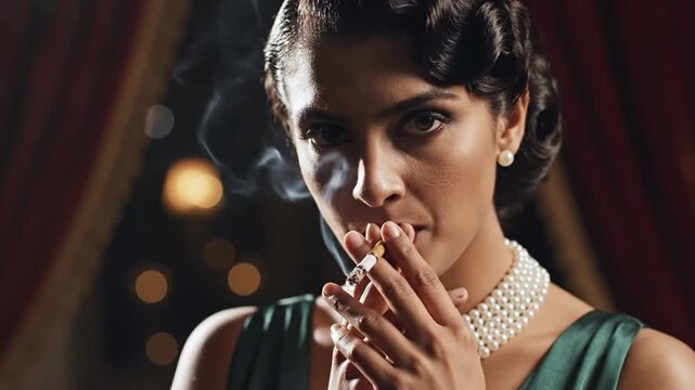 Glamorous woman from the 1920s smoking a cigarette against a vintage backdrop, embodying classic