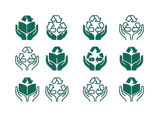 Recycling Education Logos. Recycling education programs. Icon set. Set Logo of recycling education programs: recycling hands. harmonious logo variations of the