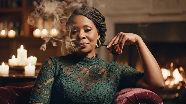 Elegant woman smoking pipe in luxurious setting, creating a vintage and sophisticated atmosphere