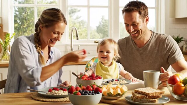Happy family enjoying healthy breakfast with baby at home in natural sunlight