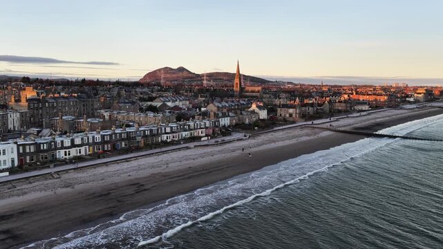 Sunrise Sunset Over The Sea & Town Portobello Beach Edinburgh Scotland Aerial Drone Footage 4k DJI Mavic 4 Pro 