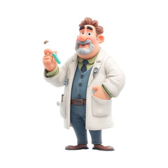 Cartoon scientist man holding test tube with blue liquid, smiling and wearing lab coat
