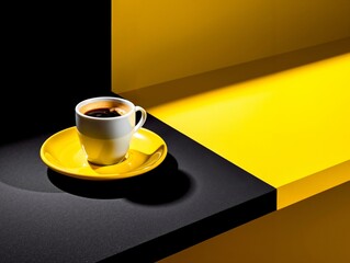 A cup of coffee sitting on top of a yellow and black table