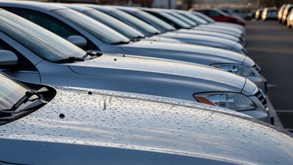 Row of silver cars with water droplets on hoods parked outdoors automobile vehicle gray