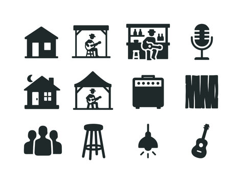 Blues Iconography Grid. Blues performance settings. Solid icon set of Blues performance settings: juke joint, street blues stage, dive bar, solo mic, night