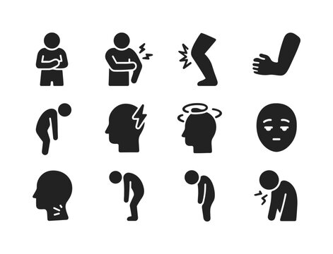 Body Discomfort Icons. Body discomfort. Solid icon set of Body discomfort: body ache, muscle tension, sore joints, heavy arms, slouch figure, headache pulse,