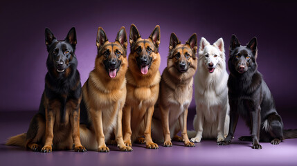 A group of dogs sitting in a row on a purple background