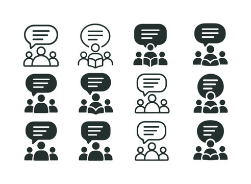 Reading Aloud Logos. Reading aloud to students. Icon set. Set Logo of Reading aloud to students: speech bubble with text lines. harmonious logo variations of