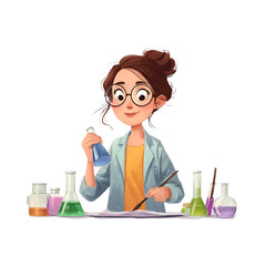Cartoon girl in lab coat holding beaker with colorful flasks and papers