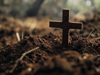A simple wooden cross stuck into the ground as a memorial marker.