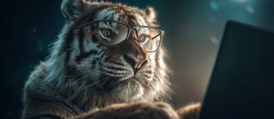 A tiger wearing glasses stares at a laptop, illuminated against a blurred, dark background