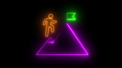 Glowing neon line of man conquering mountain peak icon isolated on transparent background Business concept , goal achiever Success icon animation with neon shine on black background