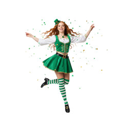 Happy redhead woman in leprechaun costume dancing under shamrock confetti, St. Patrick's Day celebration. isolated on transparent or white background, png
