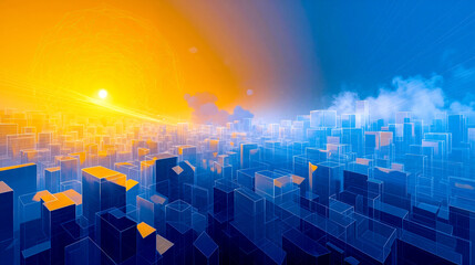 A futuristic city with a sun in the background