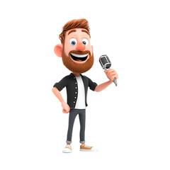 Cartoon man with microphone, smiling and holding device, black background