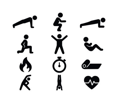 Bodyweight Training Icons. Bodyweight training. Solid icon set of bodyweight training: push-up figure, squat figure, plank pose, lunges, jumping jack, sit-up,