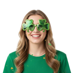 Smiling young woman wearing green shamrock-shaped glasses celebrating St. Patrick's Day isolated on transparent or white background, png