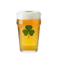 Glass of light beer with a green shamrock emblem and foam art for St. Patrick's Day isolated on transparent or white background, png