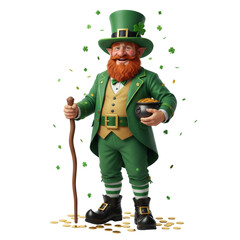 Cheerful leprechaun with ginger beard holding a walking stick and a pot of gold, St. Patrick's Day character isolated on transparent or white background, png