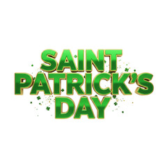 Saint Patrick's Day 3D green text with gold outline and shamrock confetti isolated on transparent or white background, png