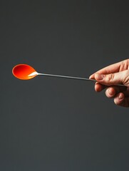 A spoon with a bright orange handle is being held by a person. The spoon is silver and has a long handle