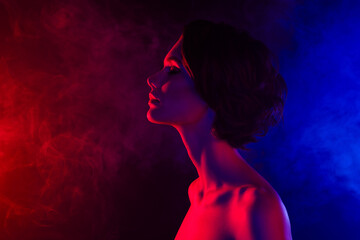 Photo of pretty charming lady nude shoulders closed eyes emtpy space isolated neon light background