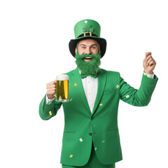 Joyful man with a green beard wearing a leprechaun suit holding a mug of beer for St. Patrick's Day celebration isolated on transparent or white background, png