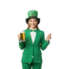 Smiling woman in green suit and leprechaun hat holding a beer mug for St. Patrick's Day celebration isolated on transparent or white background, png