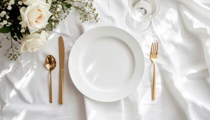 Blank Ceramic Plate Mockup with Gold Cutlery