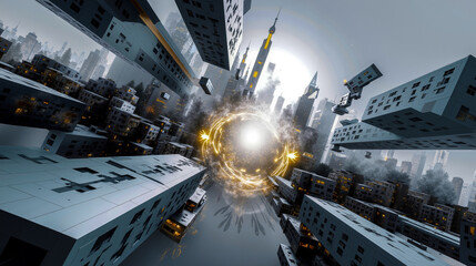 A futuristic city with a large circle in the middle of it