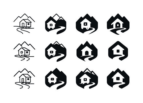 Nomadic Travel Logos. Nomadic travel and tiny house tourism. Icon set. Set Logo of Nomadic travel and tiny house tourism: road and mountains. harmonious logo