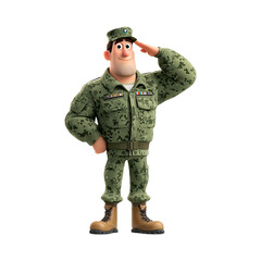 Cartoon military man saluting in green camouflage uniform and brown boots