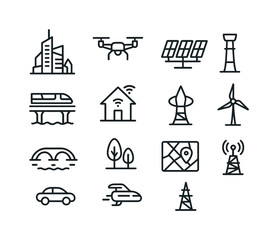 Fototapeta premium Futuristic City Icons. Futuristic cities. Line icon set of Futuristic cities: skyscraper, drone, solar array, elevated rail, smart house, energy tower, bridge,