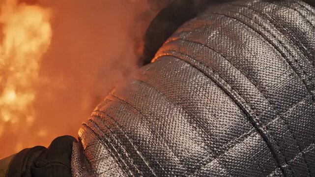 Close-up of a firefighter's protective suit shimmering from intense heat. Fireproof gear reflecting a raging blaze in the background. Emergency and danger concept