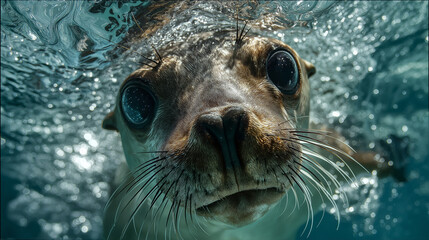 Curious Young Seal Underwater Looking at Camera, Detailed Marine Wildlife Portrait with Bubbles and Natural Light for Ocean Conservation, Education, and Nature Advertising
