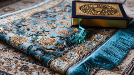 Prayer rug and holy book laid out.